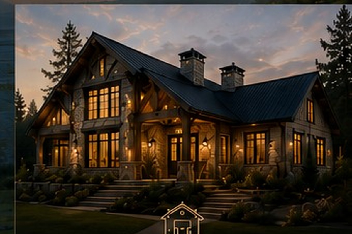 Timber-frame inspired custom home at dusk