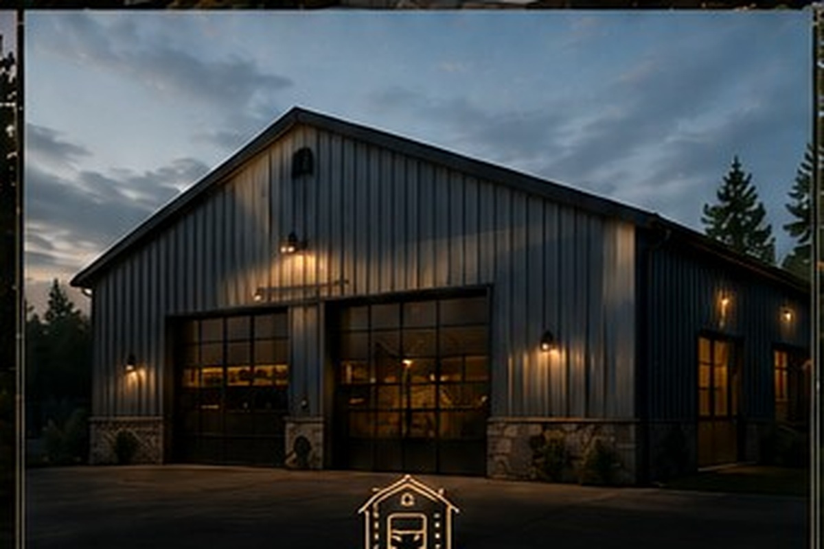 Modern shop and barn structure at dusk